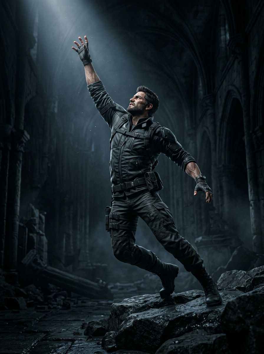 Male character reaching